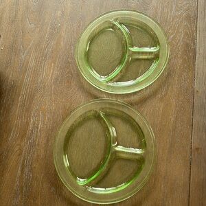Uranium Glass Divided Plate 9" Green Depression - Vintage Glassware 2 plates
